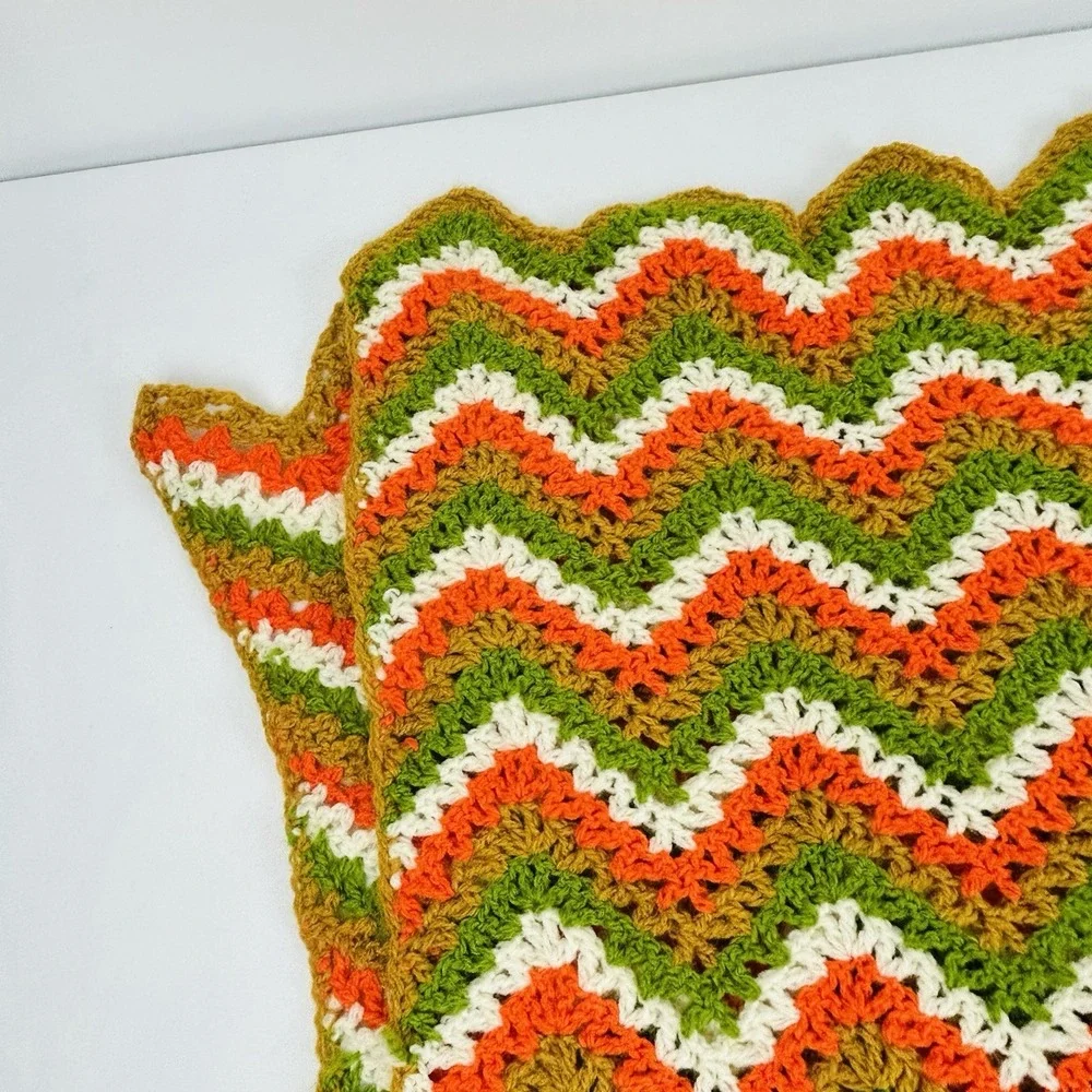 Handmade Throw Blanket Crocheted Granny Afghan Green Gold Orange White 80 x 48